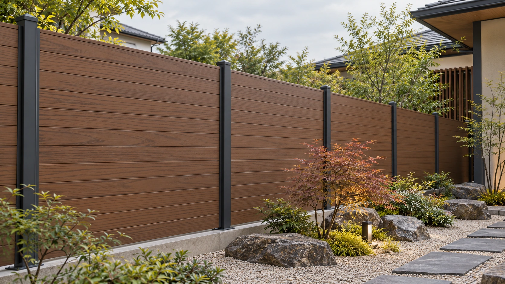 Wood-grain privacy fencing in a landscaped garden